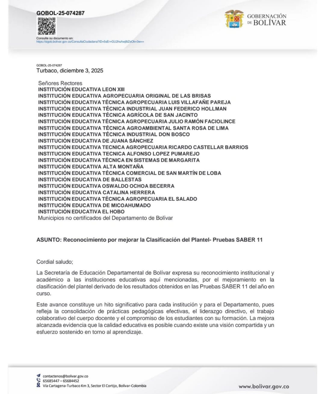 Reconocimiento por mejorar la Clasificación en las Pruebas SABER 11